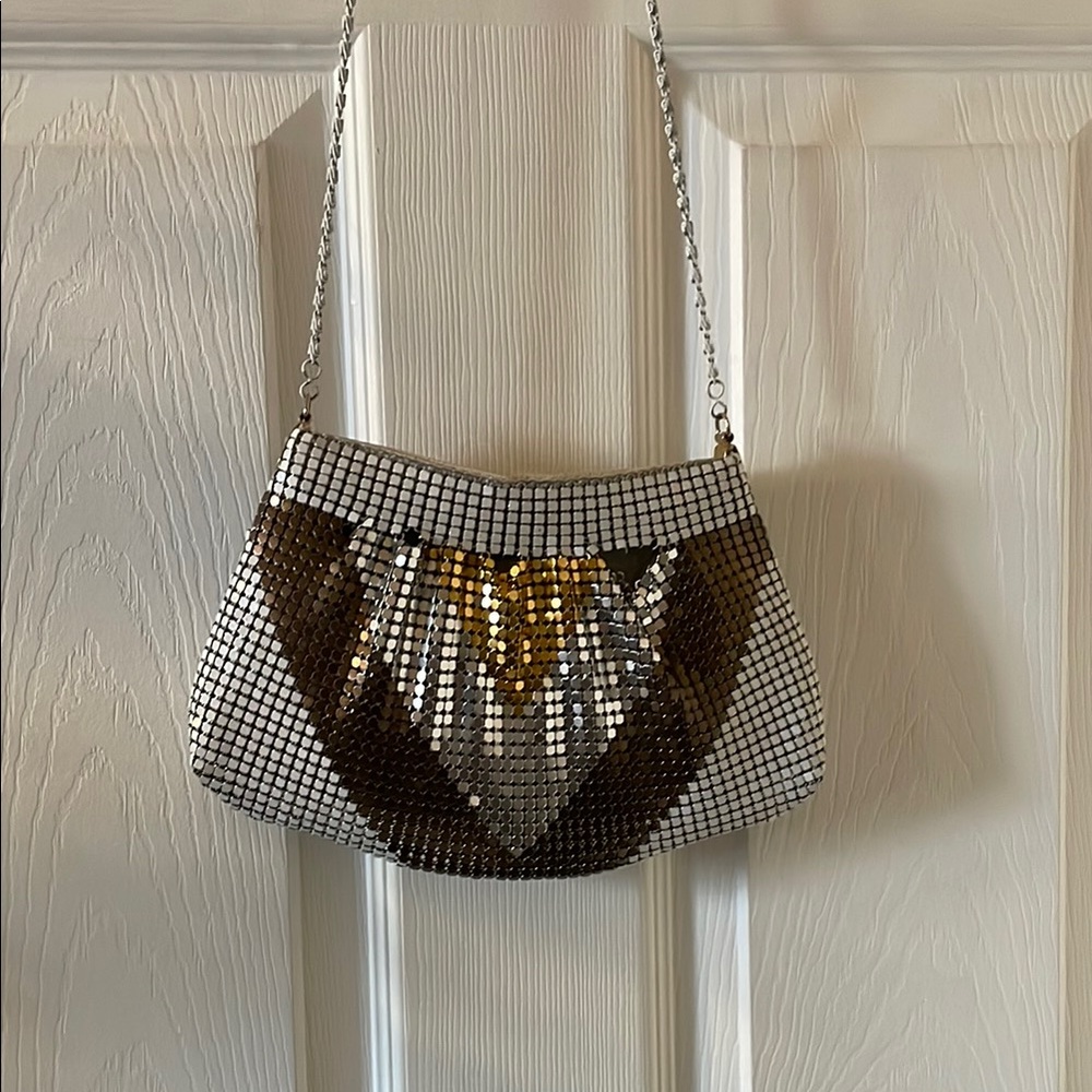 One of a kind rare 1980s metal chain mail chevron gold white copper purse clutch